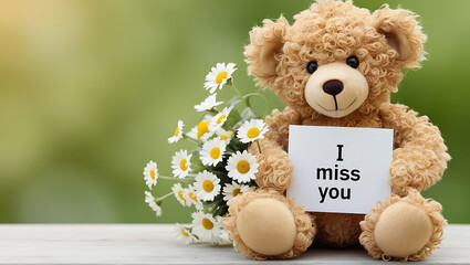 teddy bear with the message "I miss you" and flowers. I MISS YOU,  love, cute romance, couples card.,love background copy-space