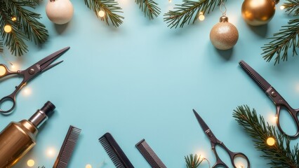 Christmas-themed flat lay with grooming tools like scissors and combs around a blank blue frame. Christmas tree branches, fairy lights, and paw prints add a festive touch to the scene. Xmas banner