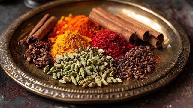 A close-up shot of colorful Indian spices like saffron, cardamom, cloves, and cinnamon sticks arranged on a traditional brass plate - Powered by Adobe