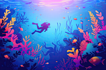 diver Diving in deep blue sea and beautiful coral reefand fishes.