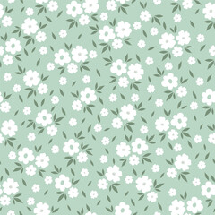 Seamless pattern with white flowers on green background. Hand drawn floral pattern for your fabric, summer background, wallpaper, backdrop, textile. Vector illustration