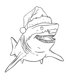 Vector Lineart of Shark Wearing Santa Hat