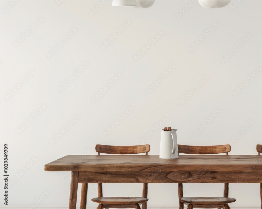 Wall mural minimalist dining room interior with a rustic wooden table, chairs, and a white wall. perfect space 