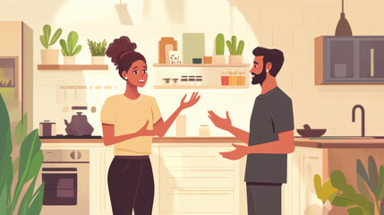 Cozy kitchen scene with two people engaged in conversation, surrounded by plants and warm lighting, creating friendly atmosphere