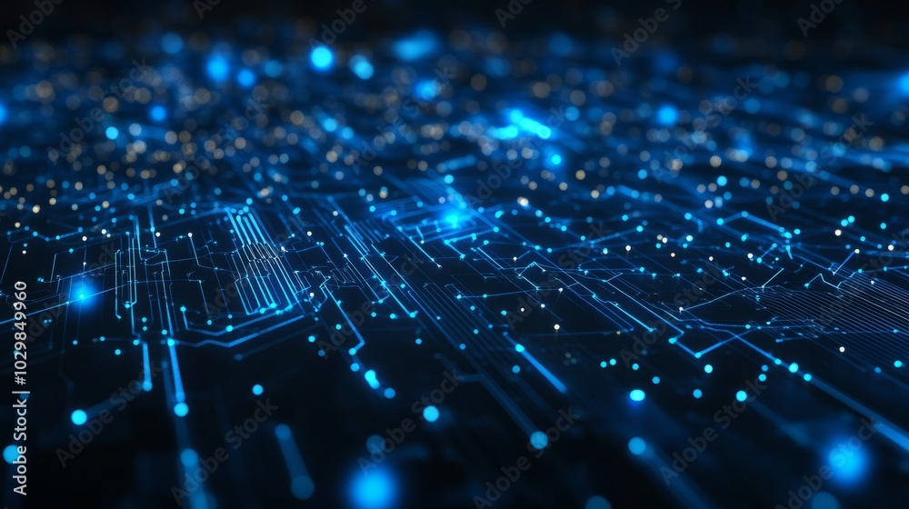 Poster thin circuit trace lines in blue on a dark technology background. abstract digital tech bg. electron