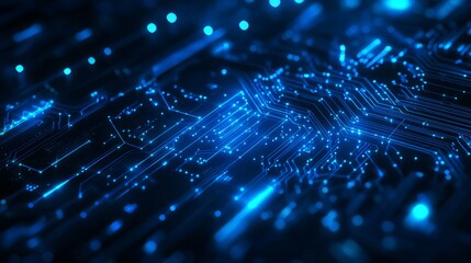 Obraz premium Thin circuit trace lines in blue on a dark technology background. Abstract digital tech bg. Electronics and computer technology concept. Chip and circuit board. Vector illustration. Chip connectors.