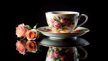 tilted angle coffee cup and roses on black background