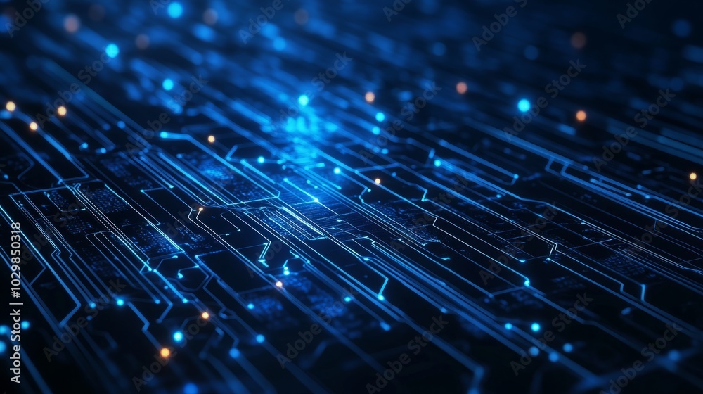 Poster thin circuit trace lines in blue on a dark technology background. abstract digital tech bg. electron