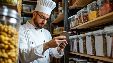 A chef reviewing food stock levels in a kitchen pantry, with labeled containers and an inventory list