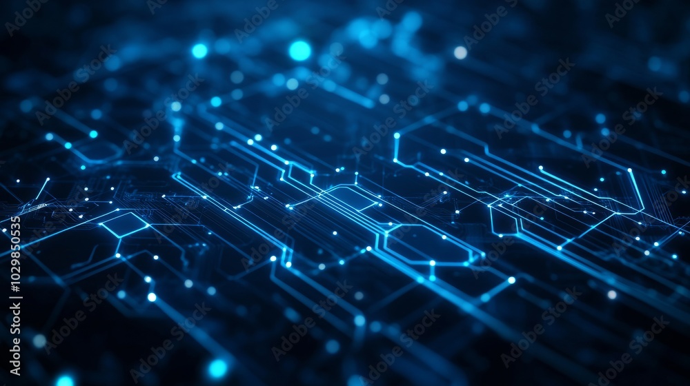 Poster thin circuit trace lines in blue on a dark technology background. abstract digital tech bg. electron