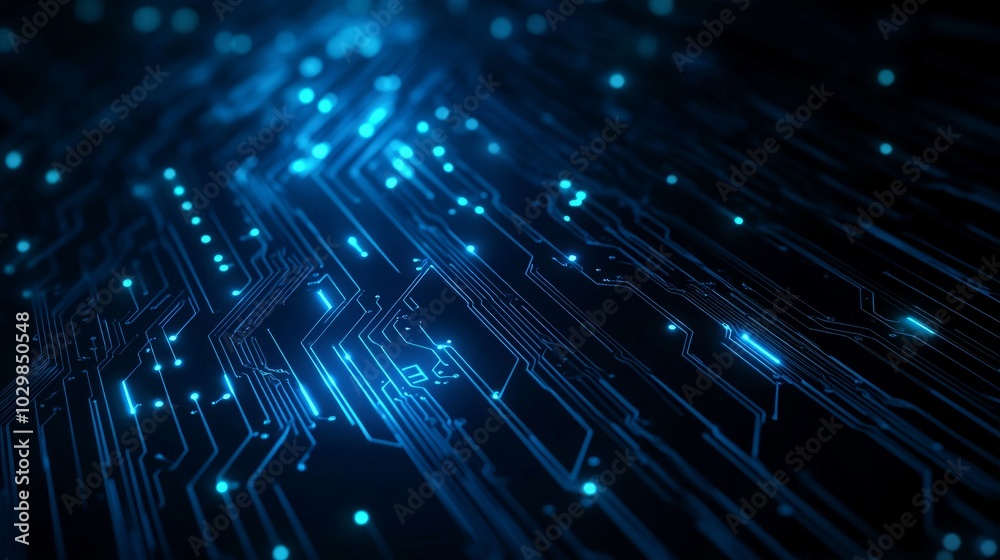 Poster thin circuit trace lines in blue on a dark technology background. abstract digital tech bg. electron