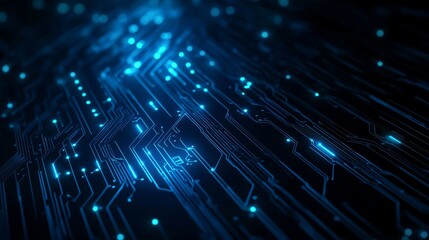 Fototapeta premium Thin circuit trace lines in blue on a dark technology background. Abstract digital tech bg. Electronics and computer technology concept. Chip and circuit board. Vector illustration. Chip connectors.