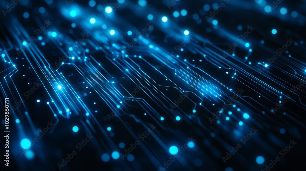 Poster thin circuit trace lines in blue on a dark technology background. abstract digital tech bg. electron