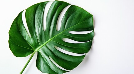 Obraz premium A single green Monstera leaf with holes on a white background.