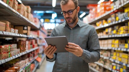 A manager using an iPad to conduct an inventory count in a retail store, with shelves in the background