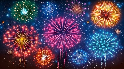 Fireworks new years celebration 2025, abstract transparent background, holiday festive season party city event. Warm yellow gold colourful star fire display illuminate night sky. 3d modern digital art