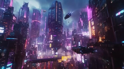 A futuristic cityscape with neon lights and flying cars, set against a backdrop of a stormy sky.