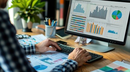 A person analyzing inventory data on a computer with printed reports and notes