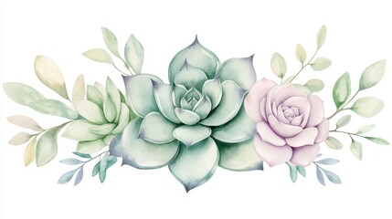 Fototapeta premium A watercolor painting of a flower arrangement with a green and pink rose and a green succulent