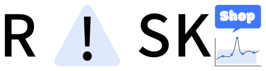 Word Risk styled with an exclamation mark in a triangle, alongside a speech bubble labeled Shop and a line graph. Ideal for business, investment, alerts, ecommerce, shops. Minimalist stylization