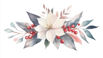 Obraz premium A white flower with red berries and green leaves. The flower is the main focus of the image, and the berries and leaves are secondary elements that add texture and depth to the scene