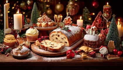 Naklejka premium A Vibrant Display of Traditional Christmas Treats: Yule Logs, Stollen, and Decorated Sweets Beautifully Arranged Against a Cozy Holiday Background with Flickering Candlelight