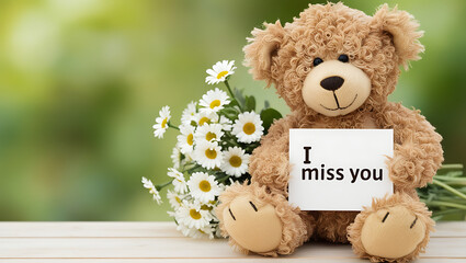 teddy bear with the message "I miss you" and flowers. I MISS YOU,  love, cute romance, couples card.,love background copy-space