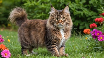 Brown maine coon cat in flower field