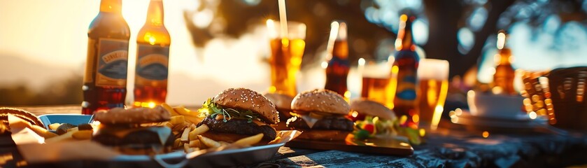 Obraz premium 1960s summer picnic with burgers, vintage soda bottles, and wicker baskets under a shady tree. Soft film grain, nostalgic feel