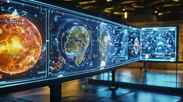 Futuristic Technology Screens Displaying Earth Data , 4K Ultra HD footage Perfect for Professional Projects, tech presentations, product showcases and professional digital content.	
