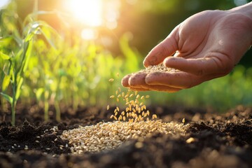 A farmer's hand releasing grains of wheat onto the soil, with sunlight streaming in. The photo has abundant blank space around the hand and grains for agricultural solutions ads or farming services