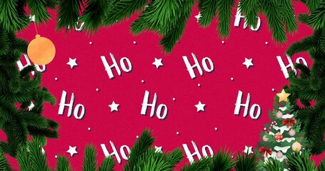 Ho Ho Ho text animation over red background with Christmas decorations and pine branches - Powered by Adobe