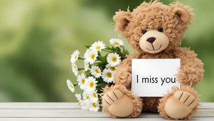 teddy bear with the message "I miss you" and flowers. I MISS YOU,  love, cute romance, couples card.,love background copy-space