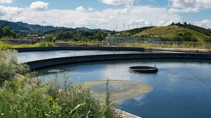 Fototapeta premium An overview of a wastewater management facility with treatment tanks.