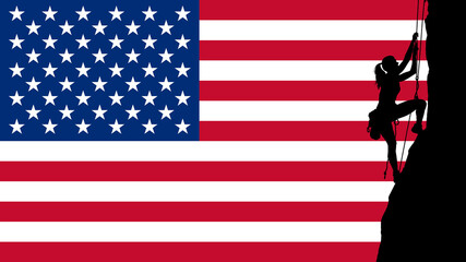 Silhouette of a Woman Climbing a Mountain on an American Flag