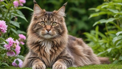 Brown maine coon cat in the garden