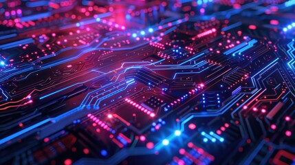 3D rendering of a futuristic digital processor surrounded by glowing circuits and holographic blocks