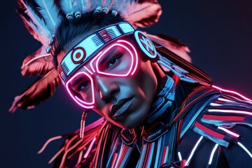 Cyberpunk Native American dancer, with neon-lit regalia