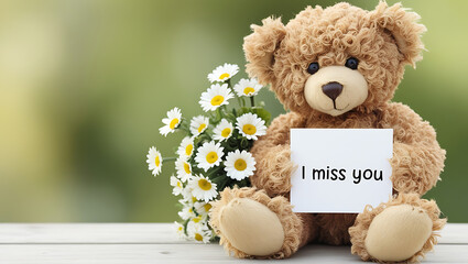 teddy bear with the message "I miss you" and flowers. I MISS YOU,  love, cute romance, couples card.,love background copy-space