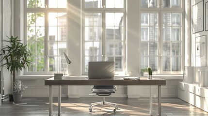 Modern Office Workspace with Sunlight Streaming Through Windows