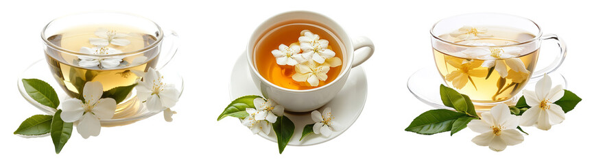 Jasmine tea in glass cup with flowers isolated on transparent PNG, perfect for wellness projects and natural beverage ads