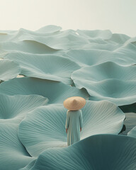 A person wearing a straw hat walking in a large lotus leaf, lotus seed and lotus flowers.
