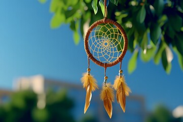 Dreamcatcher hanging from a tree, gently swaying in the wind