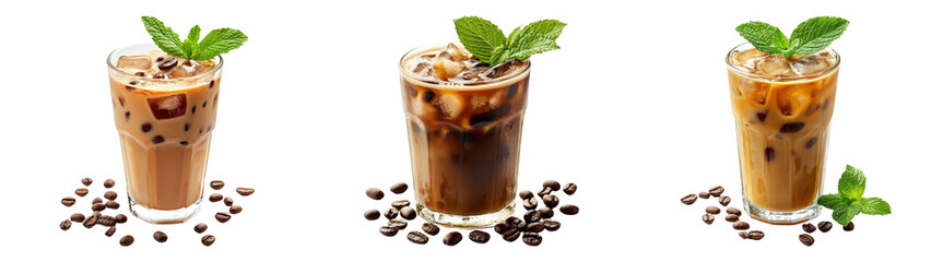 Iced coffee with mint in glass cup isolated on transparent PNG, great for cafe menus and coffee branding
