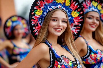 Fototapeta premium Folk dancers in traditional clothing performing on an outdoor stage at the Festival Hercules