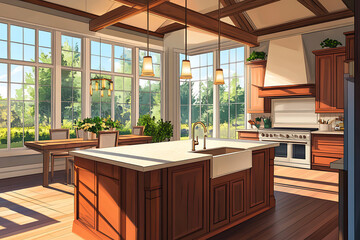 A bright, modern kitchen with wooden cabinets and large windows overlooking a garden.