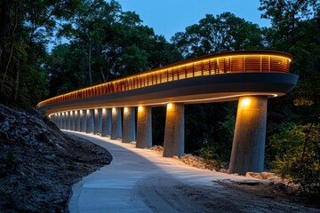 Futuristic curved bridge with glowing rails at night