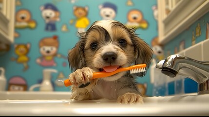 Smiling cute puppy dog brushing teeth at home in bathroom background, mouth open in happy expression toothbrush gently clean teeth, healthy teeth dental hygiene pet animal lifestyle concept 3d cartoon