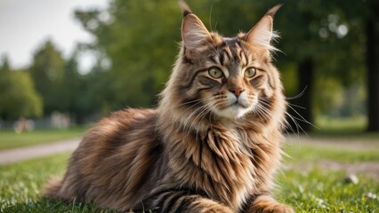 Fototapeta premium Brown maine coon cat in the park