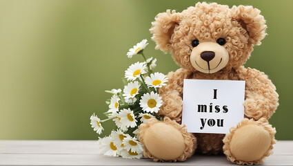 teddy bear with the message "I miss you" and flowers. I MISS YOU,  love, cute romance, couples card.,love background copy-space